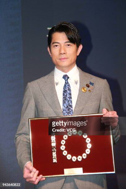 Actor Aaron Kwok attends Million Tinkle promotional event on April 8, 2018 in Hong Kong, Hong Kong.