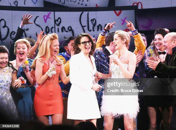 Kate Rockwell, Tina Fey and Taylor Louderman at the opening night curtain call for the new musical based on the cult film "Mean Girls" on Broadway at...