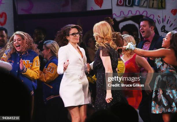 Tina Fey dances with the cast at the opening night curtain call for the new musical based on the cult film "Mean Girls" on Broadway at The August...