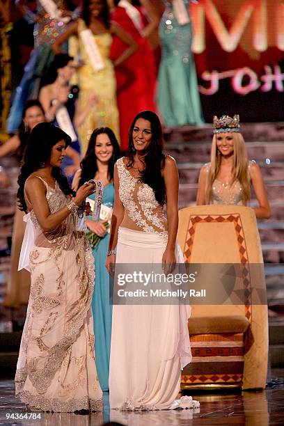 Miss Gibraltar Kaiane Aldorino is crowned Miss World 2009 by Miss World 2008 Kseniya Shipilova with runner up Miss Mexica Perla Beltran Acosta at...