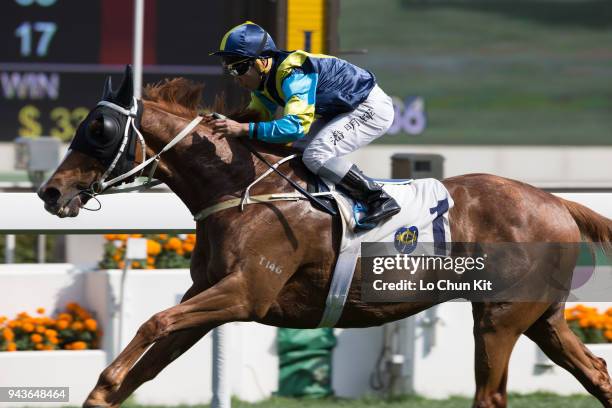 Jockey Matthew Poon Ming-fai riding Jolly Gene wins Race 6 Dongcheng District Handicap at Sha Tin racecourse on April 8 , 2018 in Hong Kong, Hong...