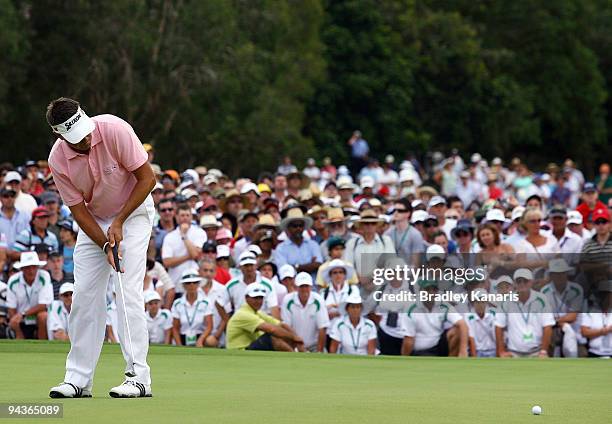 Robert Allenby of Australia putts on the 18th hole during day four of the 2009 Australian PGA Championship at Hyatt Regency Resort Coolum on December...