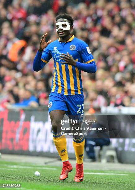 Shrewsbury Town's Aristote Nsiala during the Checkatrade Trophy Final match between Lincoln City and Shrewsbury Town at Wembley Stadium on April 8,...