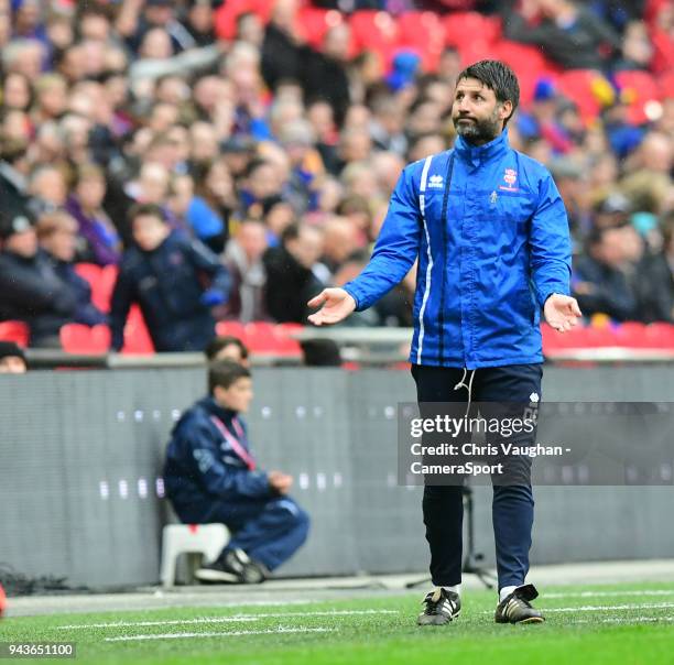 Lincoln City manager Danny Cowley encourages the fans to sing louder during the Checkatrade Trophy Final match between Lincoln City and Shrewsbury...