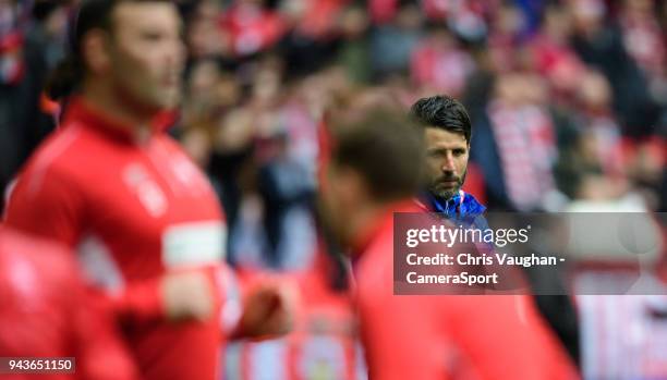 Lincoln City manager Danny Cowley during the pre-match warm-up prior to the Checkatrade Trophy Final match between Lincoln City and Shrewsbury Town...