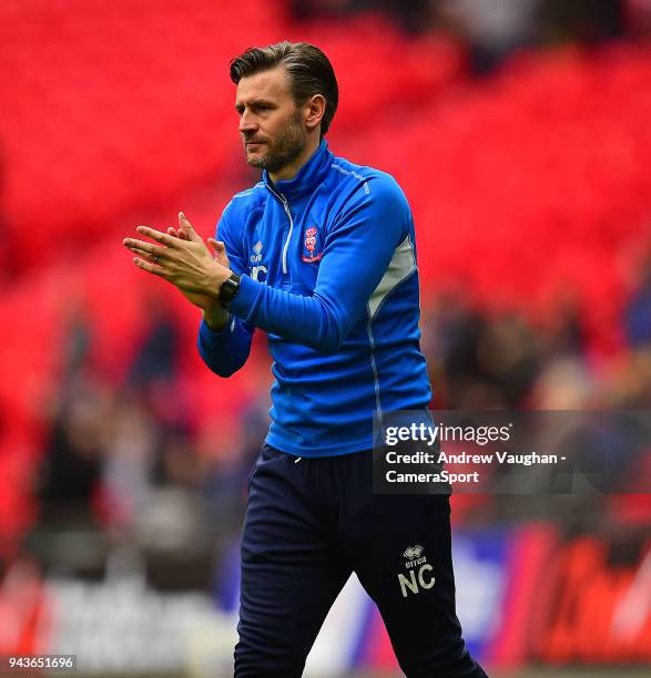 Lincoln City's assistant manager Nicky Cowley during the pre-match warm-up prior to the Checkatrade Trophy Final match between Lincoln City and...