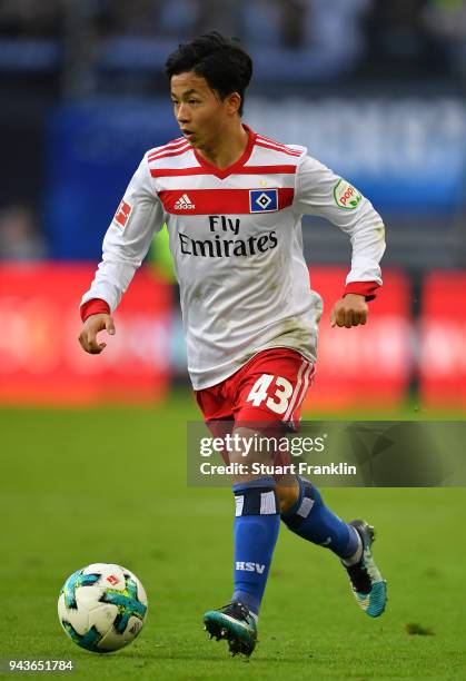 Tatsuya Ito of Hamburg in action during the Bundesliga match between Hamburger SV and FC Schalke 04 at Volksparkstadion on April 7, 2018 in Hamburg,...