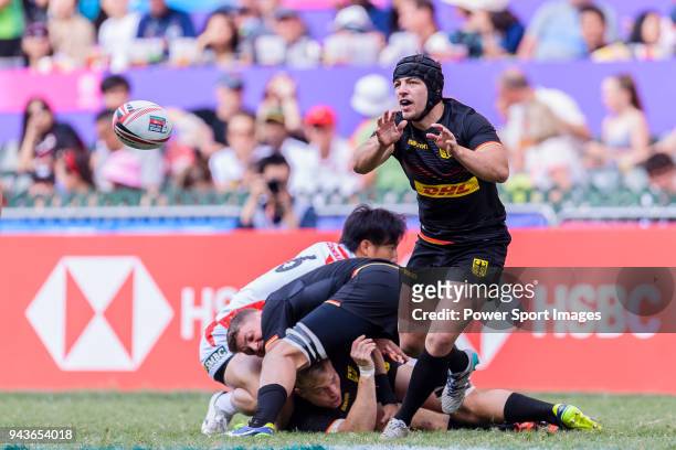 John Dawe of Germany passes the ball during the HSBC Hong Kong Sevens 2018 Qualification Final match between Germany and Japan on April 8, 2018 in...