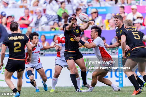 John Dawe of Germany gets the ball during the HSBC Hong Kong Sevens 2018 Qualification Final match between Germany and Japan on April 8, 2018 in Hong...