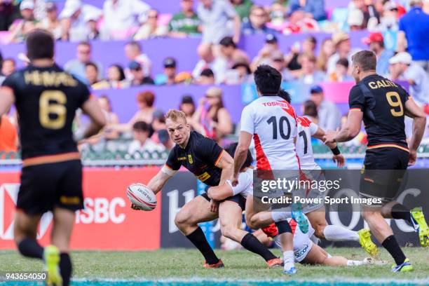 Sebastian Fromm of Germany passes the ball during the HSBC Hong Kong Sevens 2018 Qualification Final match between Germany and Japan on April 8, 2018...