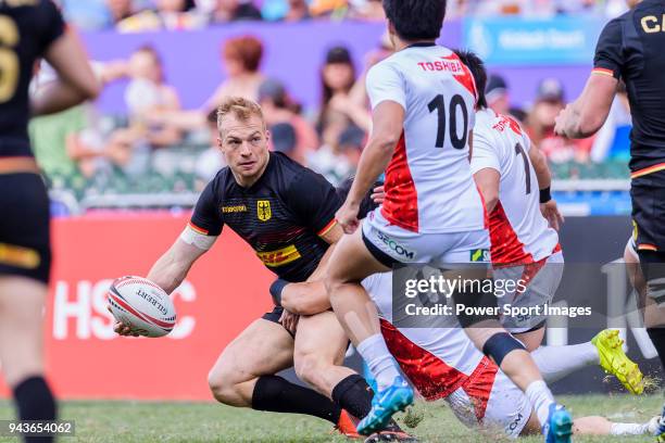 Sebastian Fromm of Germany passes the ball during the HSBC Hong Kong Sevens 2018 Qualification Final match between Germany and Japan on April 8, 2018...