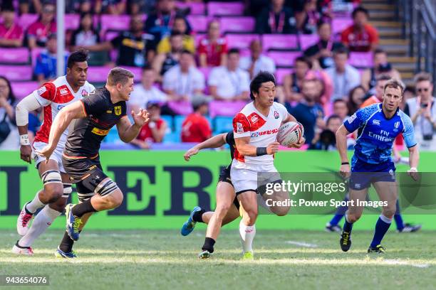 Katsuyuki Sakai of Japan runs with the ball during the HSBC Hong Kong Sevens 2018 Qualification Final match between Germany and Japan on April 8,...