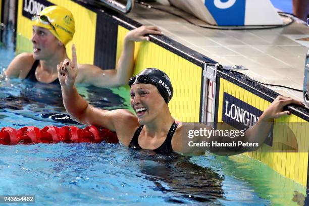 Sophie Pascoe of New Zealand celebrates after victory in the Women's SB9 100m Breaststroke Final on day five of the Gold Coast 2018 Commonwealth...