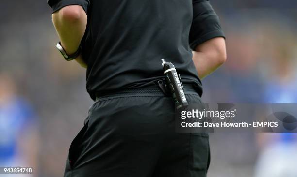 Detail of vanishing spray on the belt of Referee Darren Bond Birmingham City v Burton Albion - Sky Bet Championship - St Andrews .