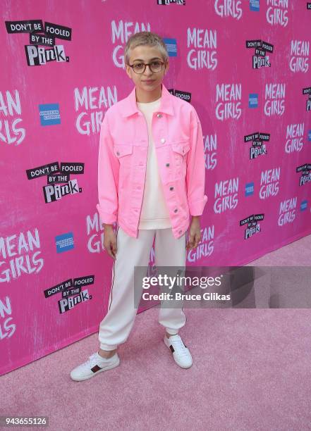 Totah poses at the arrivals for the opening night of the new musical based on the cult film "Mean Girls" on Broadway at The August Wilson Theatre on...