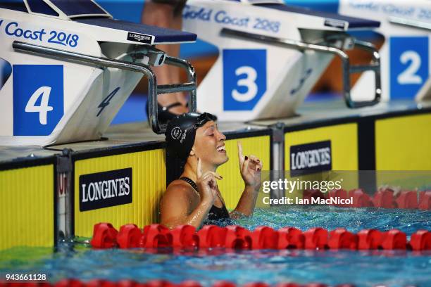 Sophie Pascoe of New Zealand celebrates winning the Women's SB9 100m Breaststroke on day five of the Gold Coast 2018 Commonwealth Games at Optus...