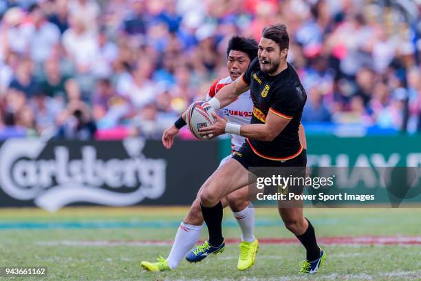 Fabian Heinpel of Germany runs with the ball during the HSBC Hong Kong Sevens 2018 Qualification Final match between Germany and Japan on April 8,...