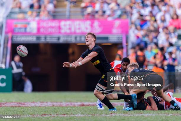 Max Calitz of Germany passes the ball during the HSBC Hong Kong Sevens 2018 Qualification Final match between Germany and Japan on April 8, 2018 in...