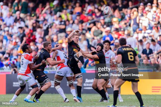 Niklas Hohl of Germany gets the ball during the HSBC Hong Kong Sevens 2018 Qualification Final match between Germany and Japan on April 8, 2018 in...