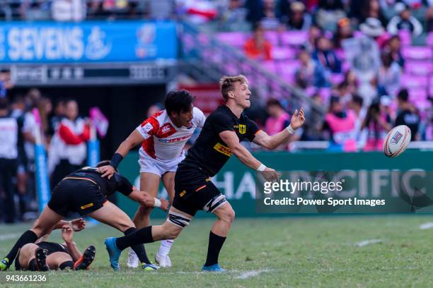 Max Calitz of Germany passes the ball during the HSBC Hong Kong Sevens 2018 Qualification Final match between Germany and Japan on April 8, 2018 in...
