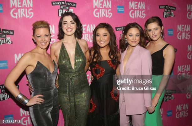 Kate Rockwell, Barrett Wilbert Weed, Ashley Park, Erika Henningsen and Taylor Louderman pose at the opening night after party for the new musical...