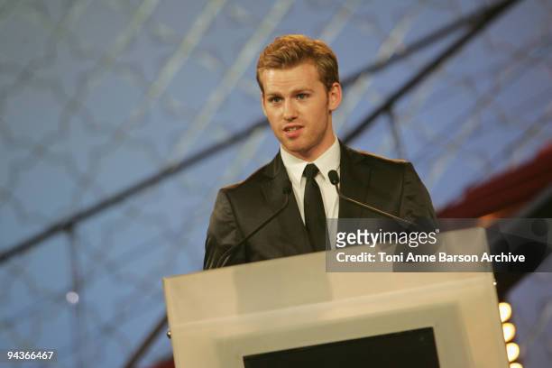 Cyron Melville addresses the audience during the Closing Ceremony of the Marrakech 9th Film Festival at the Mansour Hotel - Palais des Congres on...