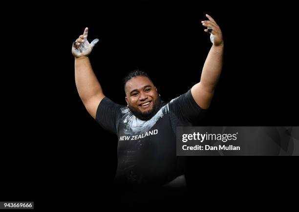 David Liti of New Zealand celebrates winning gold and setting a new Commonwelath Games record in the Men's +105kg Final during the Weightlifting on...