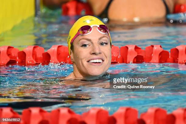 Emily Seebohm of Australia smiles following the Women's 50m Backstroke Semifinal 2 on day five of the Gold Coast 2018 Commonwealth Games at Optus...