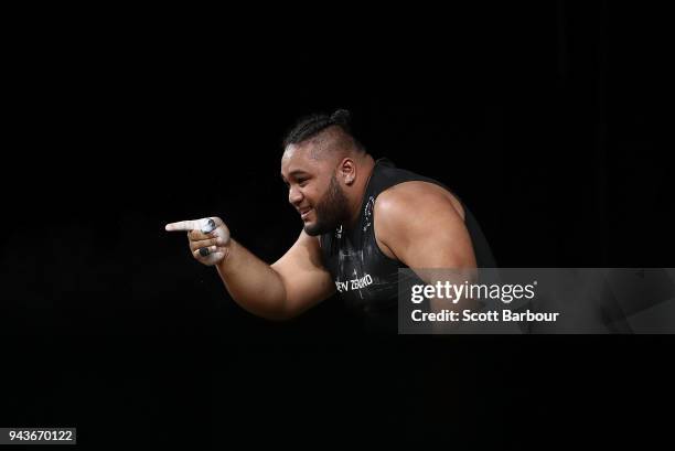 David Liti of New Zealand celebrates after a successful lift in the Men's +105kg Final during the Weightlifting on day five of the Gold Coast 2018...