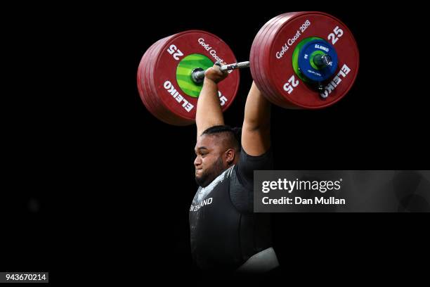 David Liti of New Zealand competes in the Men's +105kg Final during the Weightlifting on day five of the Gold Coast 2018 Commonwealth Games at...