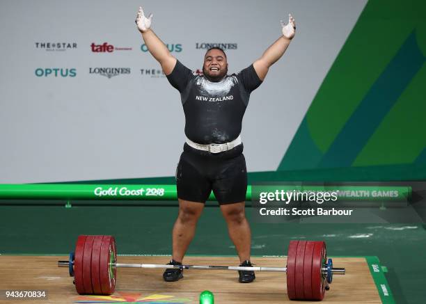 David Liti of New Zealand celebrates after a successful lift in the Men's +105kg Final during the Weightlifting on day five of the Gold Coast 2018...