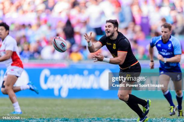 Fabian Heinpel of Germany passes the ball during the HSBC Hong Kong Sevens 2018 Qualification Final match between Germany and Japan on April 8, 2018...