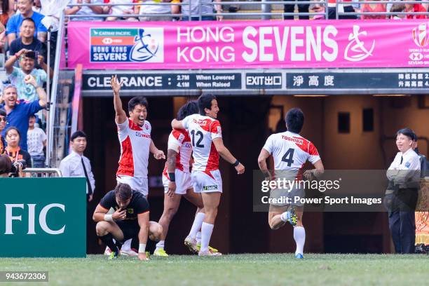 Japan Rugby Squad celebrating a score during the HSBC Hong Kong Sevens 2018 Qualification Final match between Germany and Japan on April 8, 2018 in...