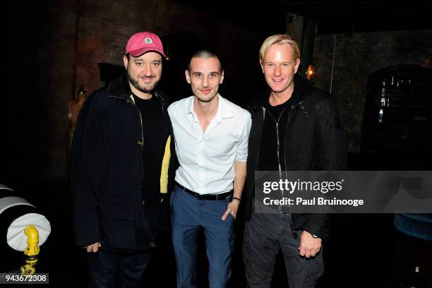 Gregg Bello, Pablo Frisk and Daniel Benedict attend The Cinema Society & Gemfields host the after party for IFC Midnight's "Wildling" at Alley Cat...