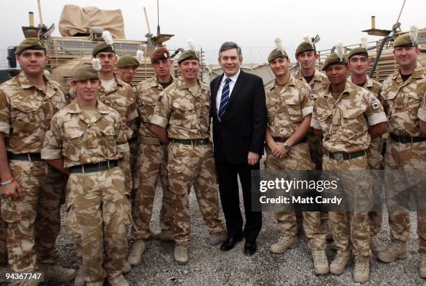 Prime Minister Gordon Brown meets with British troops from 1 Royal Welsh at the Kandahar Airbase on December 13, 2009 in Kandahar, Afghanistan....