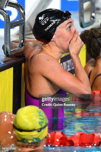 Alys Thomas of Wales celebrates victory in the Women's 200m Butterfly Final on day five of the Gold Coast 2018 Commonwealth Games at Optus Aquatic...