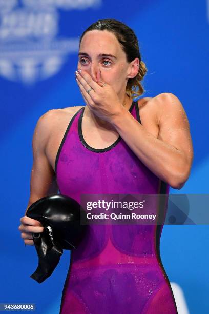 Alys Thomas of Wales celebrates victory in the Women's 200m Butterfly Final on day five of the Gold Coast 2018 Commonwealth Games at Optus Aquatic...