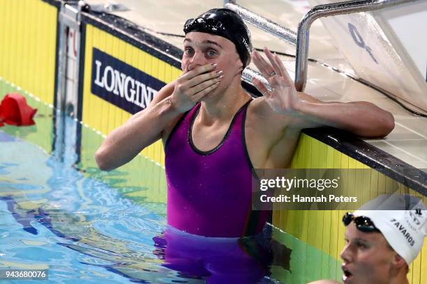 Alys Thomas of Wales celebrates victory in the Women's 200m Butterfly Final on day five of the Gold Coast 2018 Commonwealth Games at Optus Aquatic...