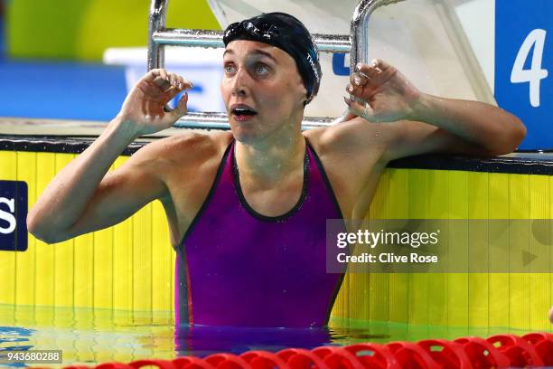 Alys Thomas of Wales celebrates victory in the Women's 200m Butterfly Final on day five of the Gold Coast 2018 Commonwealth Games at Optus Aquatic...