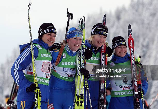 The team of Sweden is seen during the Women's 4x6 km Relay in the IBU Biathlon World Cup on December 13, 2009 in Hochfilzen, Austria.