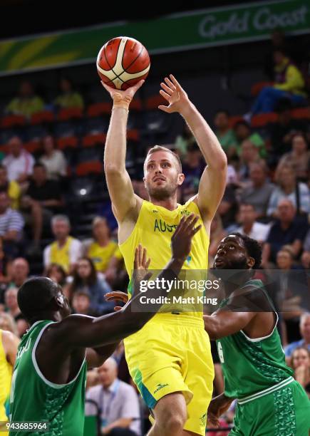 Jesse Wagstaff of Australia shoots during the Preliminary Basketball round match between Australia and Nigeria on day five of the Gold Coast 2018...