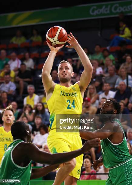 Jesse Wagstaff of Australia shoots during the Preliminary Basketball round match between Australia and Nigeria on day five of the Gold Coast 2018...