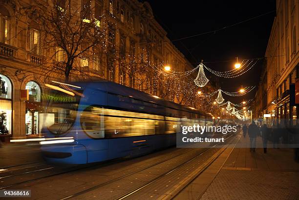 zagreb streets in christmas, croatia - zagreb tram stock pictures, royalty-free photos & images