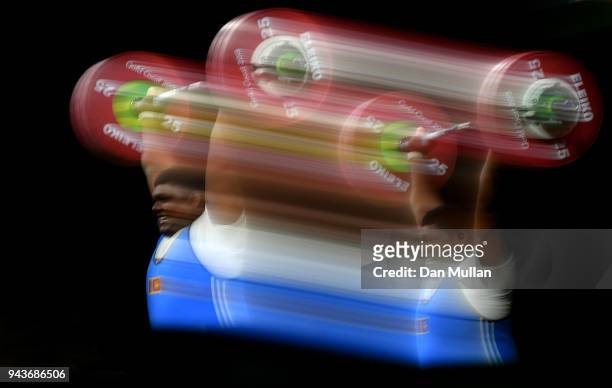 Charuka Ushan of Sri Lanka competes in the Men's +105kg Final during the Weightlifting on day five of the Gold Coast 2018 Commonwealth Games at...