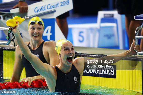 Bronte Campbell of Australia celebrates victory in the Women's 100m Freestyle Final on day five of the Gold Coast 2018 Commonwealth Games at Optus...