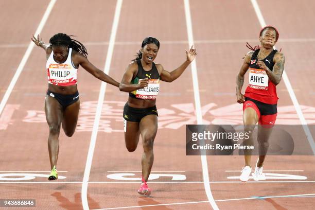 Michelle-Lee Ahye of Trinidad and Tobago wins gold ahead of Christania Williams of Jamaica and Asha Philip of England in the competes in the Women's...