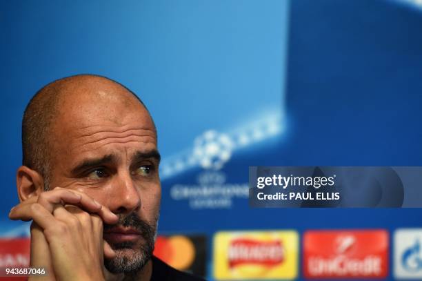 Manchester City's Spanish manager Pep Guardiola attends a press conference prior to the UEFA Champions League second leg quarter-final football match...