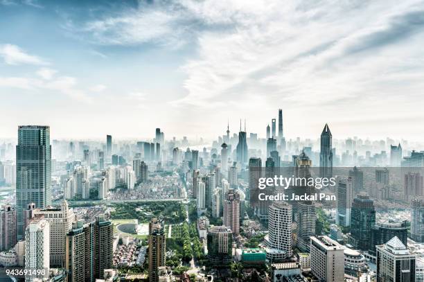 shanghai skyline - shanghai aerial stock-fotos und bilder