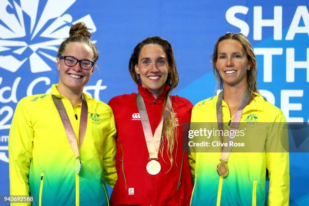 Silver medalist Laura Taylor of Australia, gold medalist Alys Thomas of Wales and bronze medalist Emma McKeon of Australia pose during the medal...