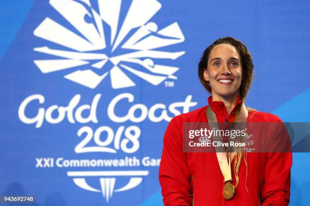 Gold medalist Alys Thomas of Wales poses during the medal ceremony for the Women's 200m Butterfly Final on day five of the Gold Coast 2018...